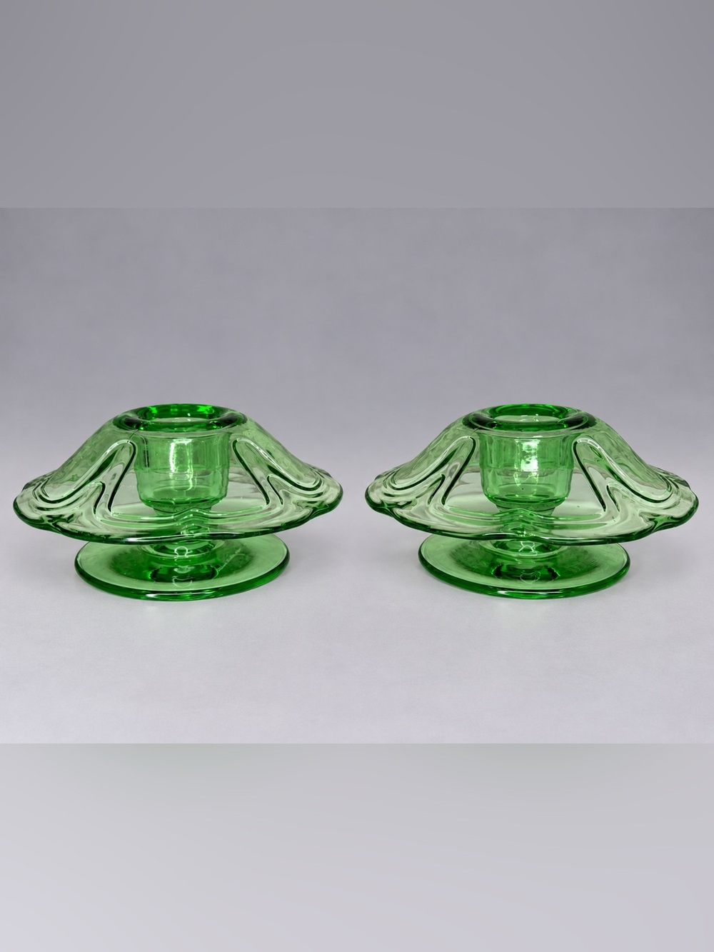 Green Glass Candle Holders — Pair of Sculpted Accent Holders